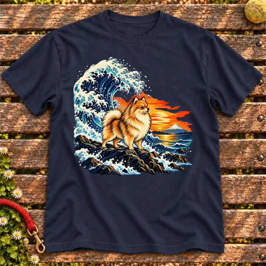 Pomeranian dog with ocean waves, sunset and Mount Fuji on a Navy Gildan T-shirt
