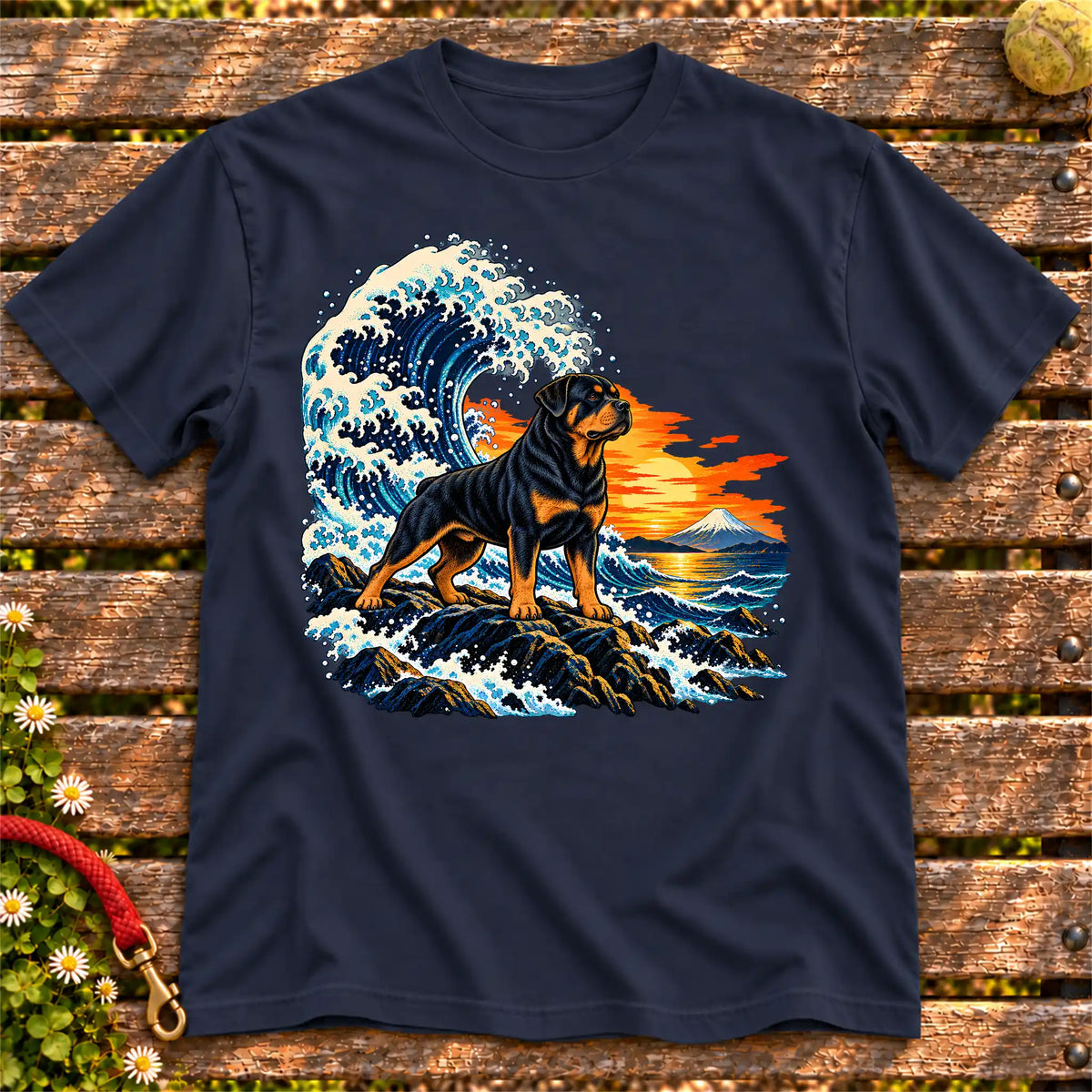 Rottweiler dog with ocean waves, sunset and Mount Fuji on a Navy Gildan T-shirt