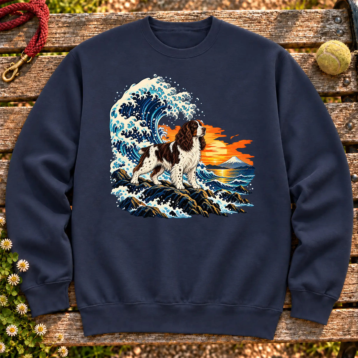 Springer Spaniel dog with ocean waves, sunset and Mount Fuji on a Navy Gildan crewneck sweatshirt