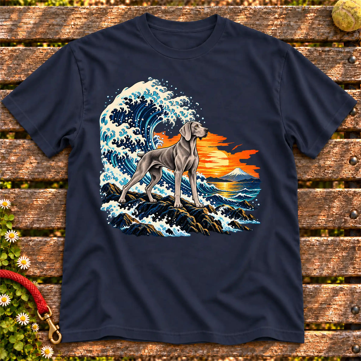 Weimaraner dog with ocean waves, sunset and Mount Fuji on a Navy Gildan T-shirt