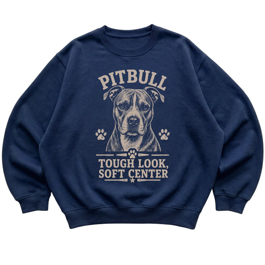 Navy crewneck sweatshirt featuring Tough Look, Soft Center - Pitbull, laid-flat presentation