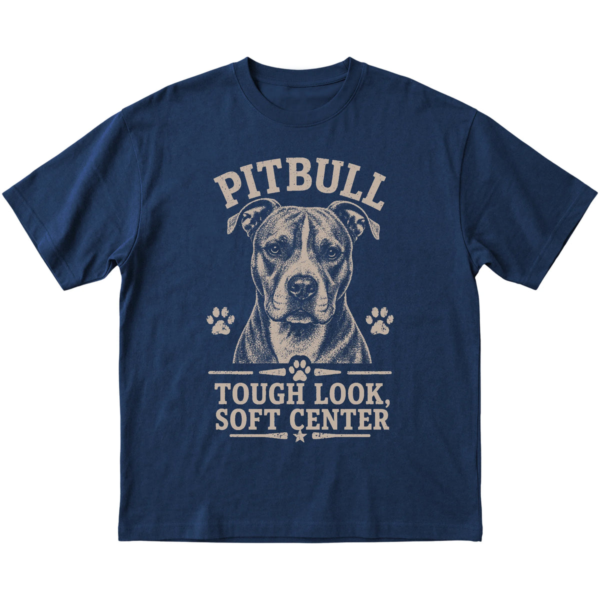 Navy T-shirt featuring Tough Look, Soft Center - Pitbull, laid-flat presentation