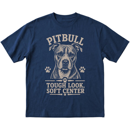 Navy T-shirt featuring Tough Look, Soft Center - Pitbull, laid-flat presentation