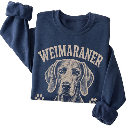 Navy crewneck sweatshirt featuring Velcro Mode - Always On - Weimaraner, folded presentation