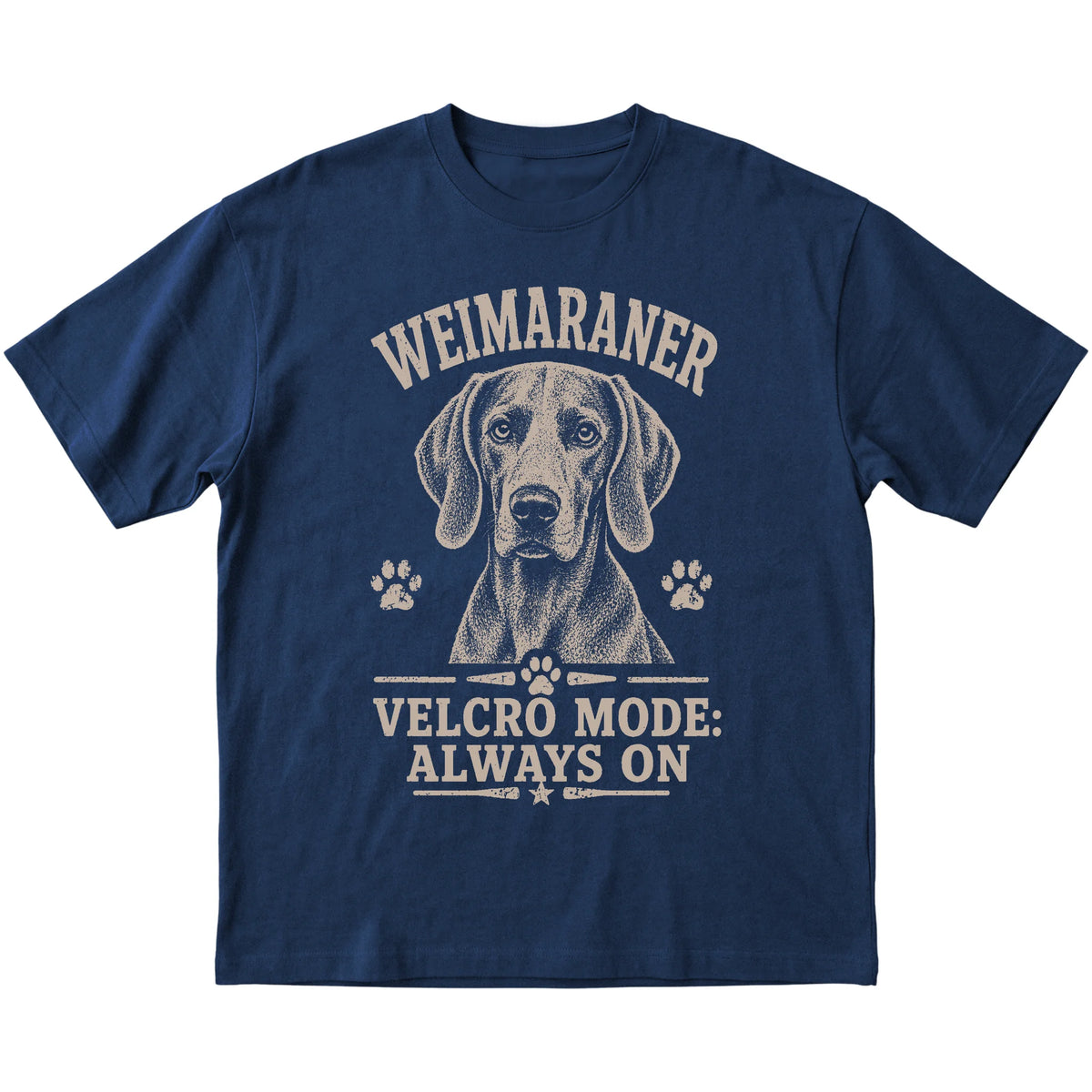 Navy T-shirt featuring Velcro Mode - Always On - Weimaraner, laid-flat presentation