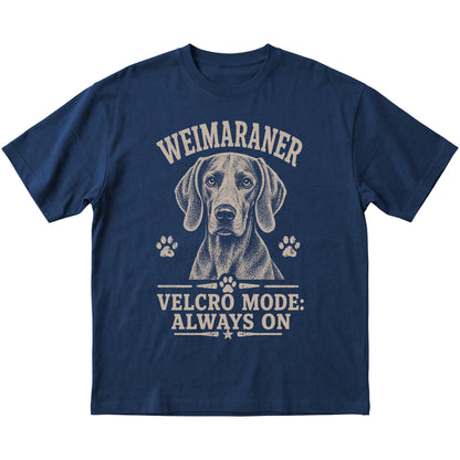 Navy T-shirt featuring Velcro Mode - Always On - Weimaraner, laid-flat presentation