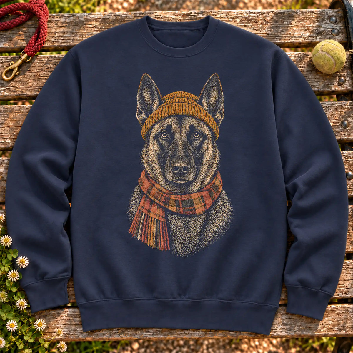 Navy sweatshirt with vintage Belgian Malinois beanie-and-scarf portrait