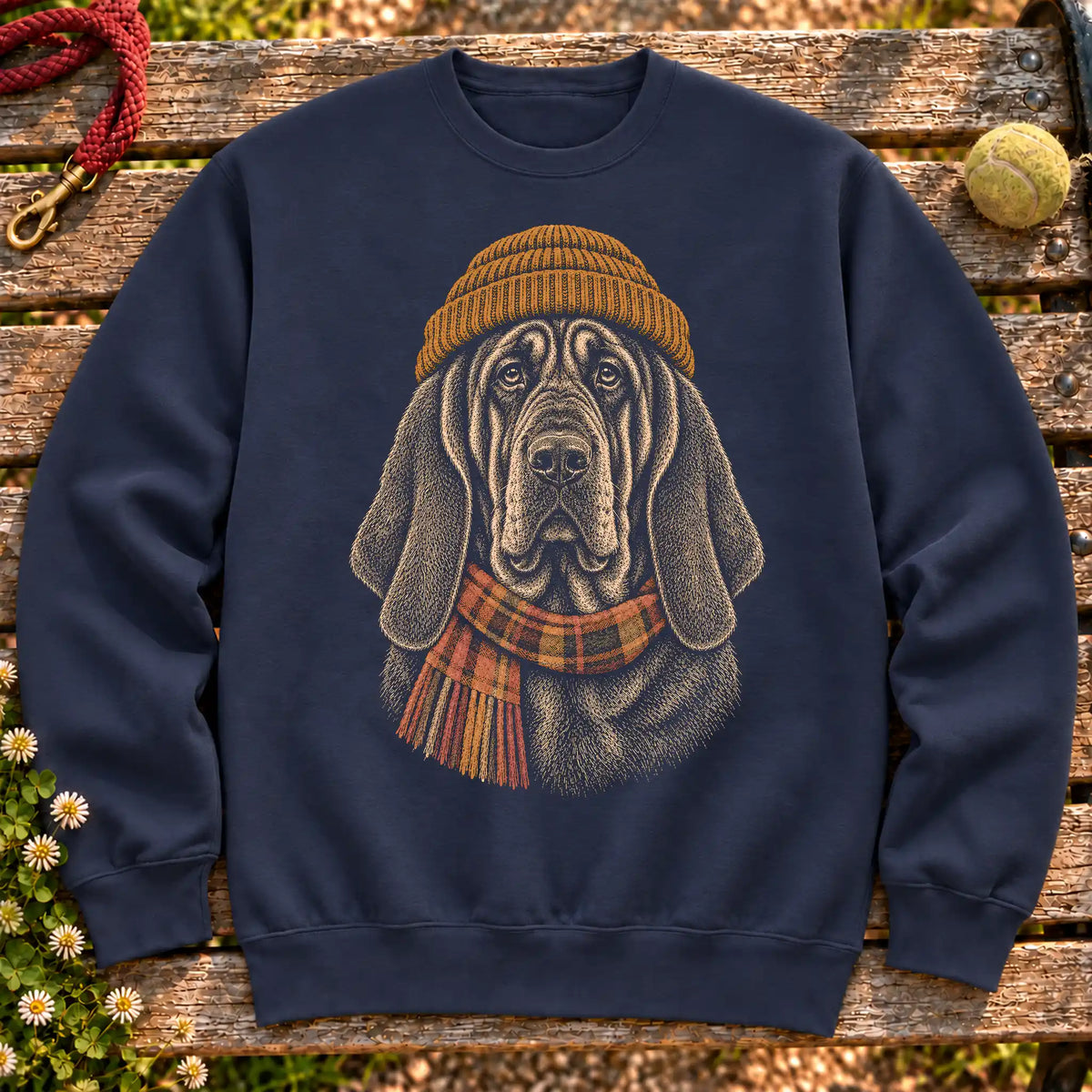 Navy sweatshirt with vintage Bloodhound beanie-and-scarf portrait