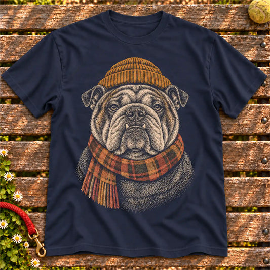 Navy T-shirt with vintage Bulldog beanie-and-scarf portrait