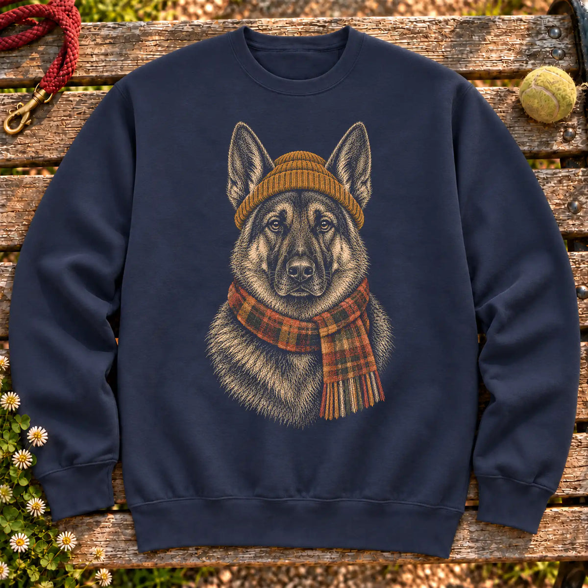 Navy sweatshirt with vintage German Shepherd beanie-and-scarf portrait