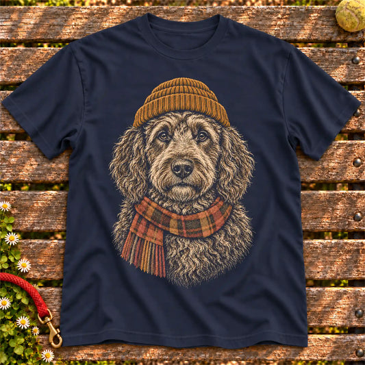 Navy T-shirt with vintage Goldendoodle beanie-and-scarf portrait