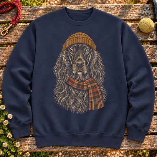 Navy sweatshirt with vintage Irish Setter beanie-and-scarf portrait