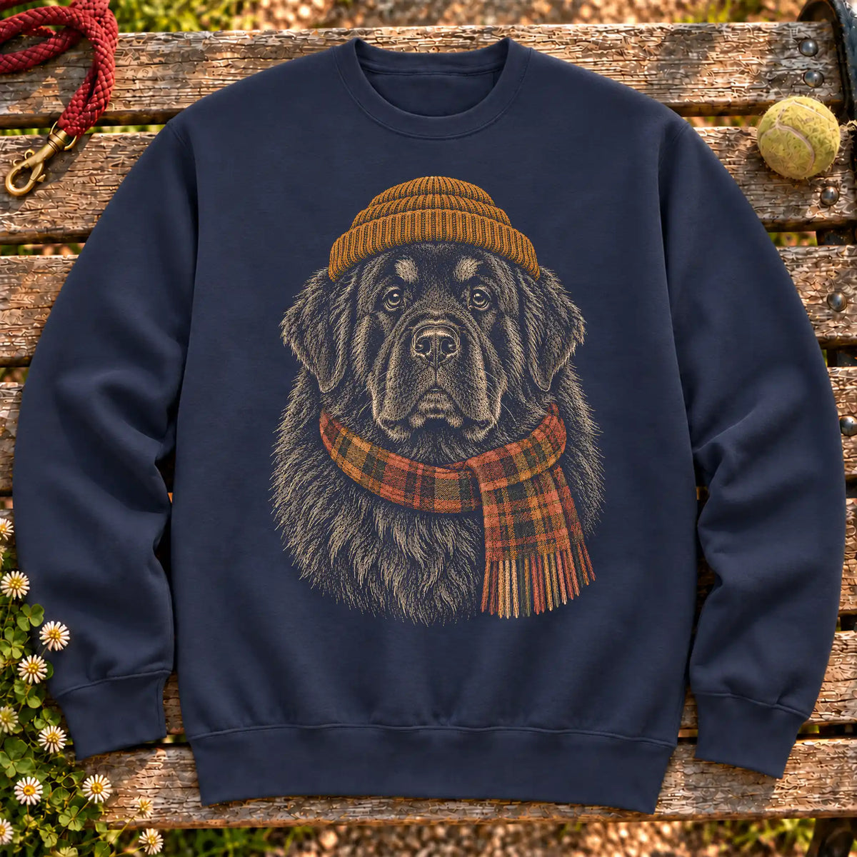 Navy sweatshirt with vintage Newfie beanie-and-scarf portrait