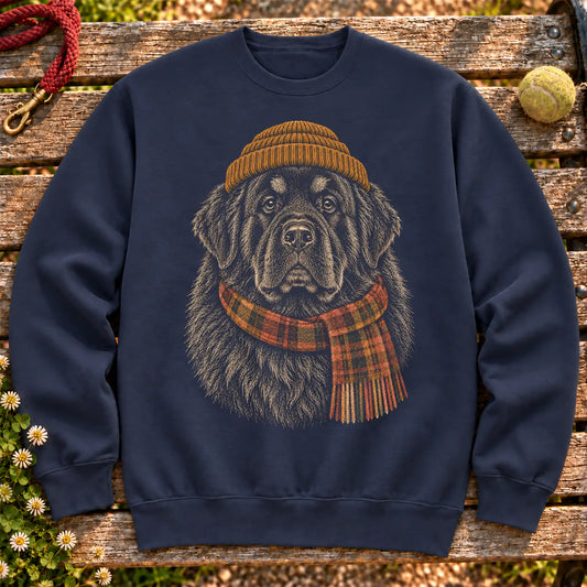 Navy sweatshirt with vintage Newfie beanie-and-scarf portrait