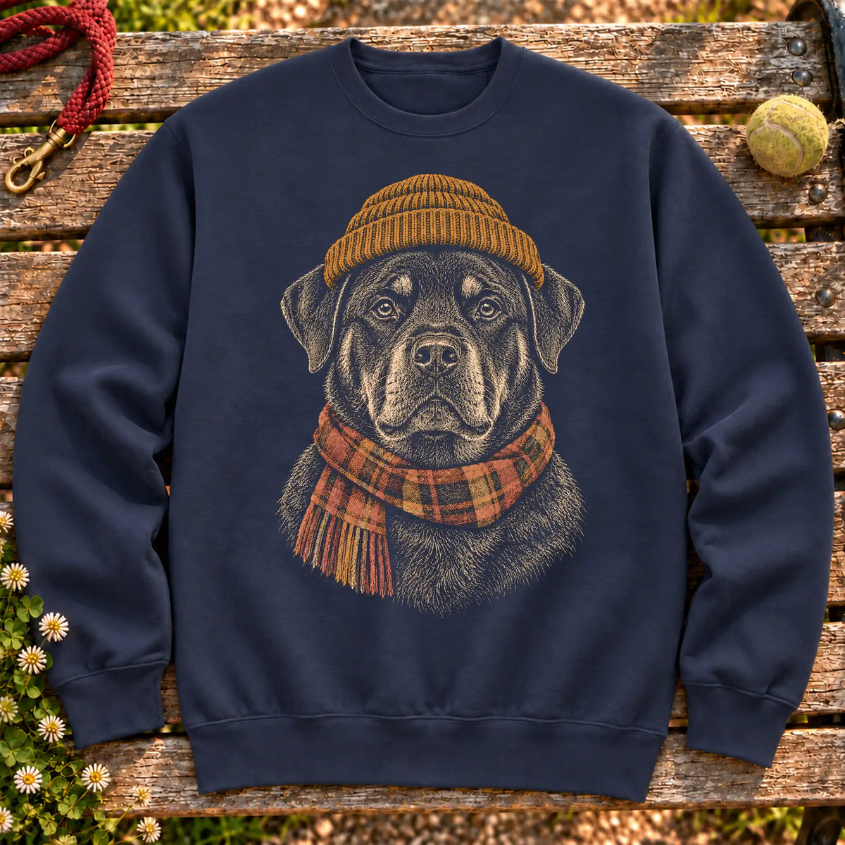 Navy sweatshirt with vintage Rottweiler beanie-and-scarf portrait