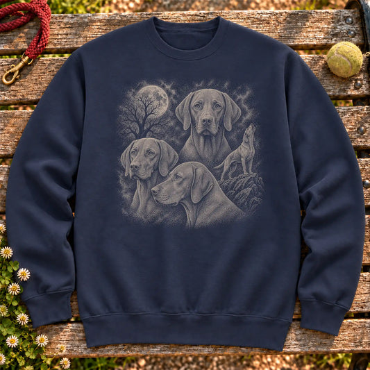 Vizsla 90s Moon design on a Navy crewneck sweatshirt shown flat