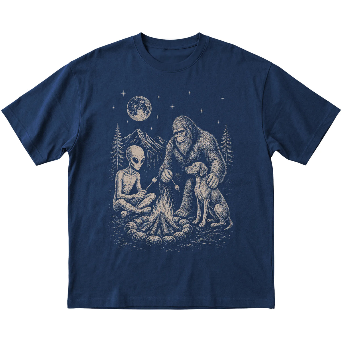 Navy Vizsla Camping with Bigfoot and Alien shirt laid flat