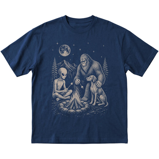 Navy Vizsla Camping with Bigfoot and Alien shirt laid flat