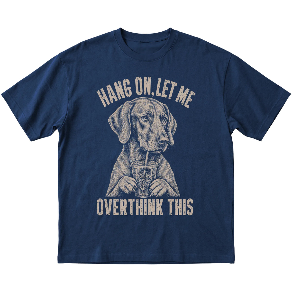 Navy T-shirt featuring Overthinking Vizsla, laid-flat presentation