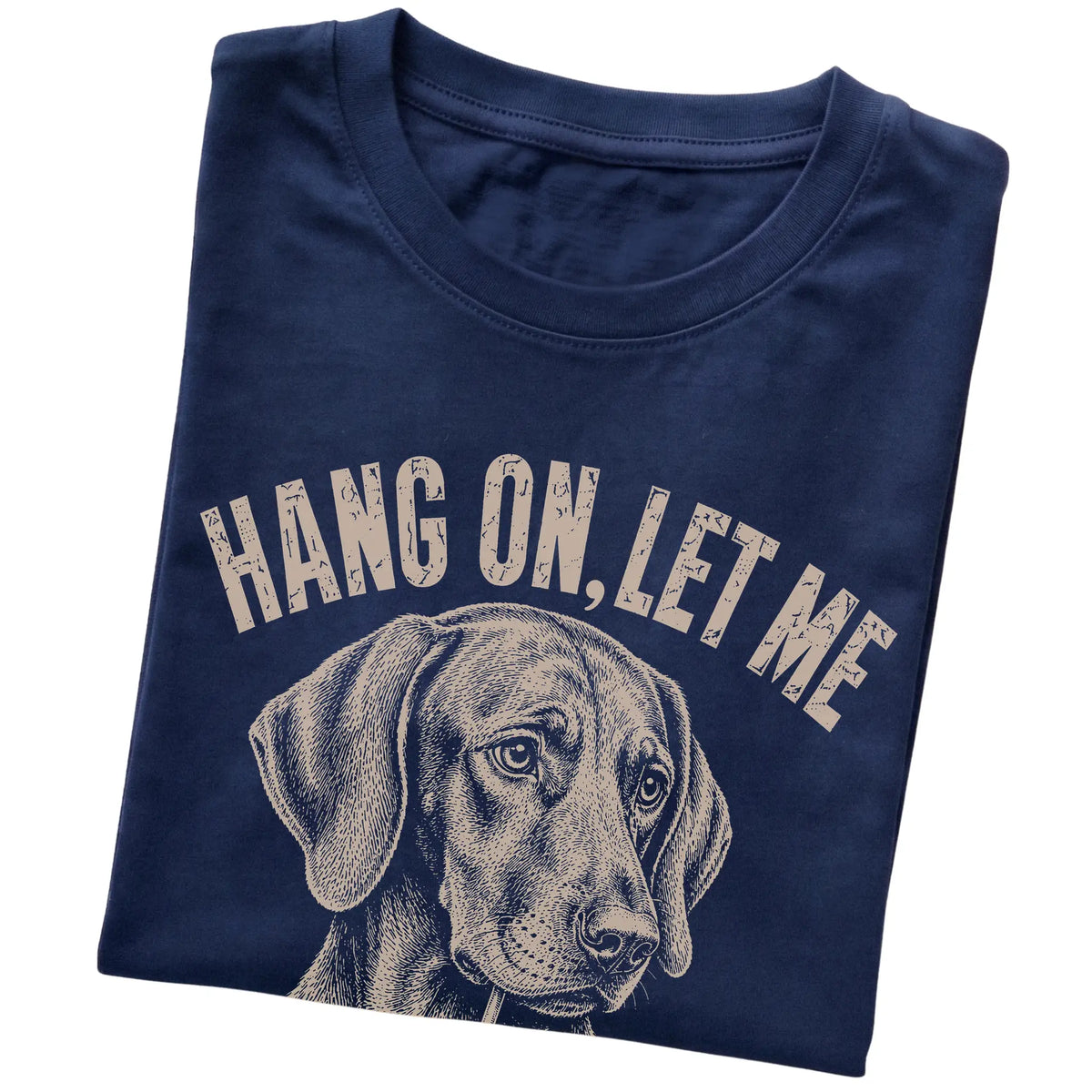 Navy T-shirt featuring Overthinking Vizsla, folded presentation