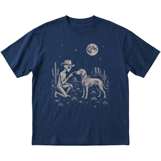 Navy T-shirt featuring Weimaraner Cowboy and Alien, laid-flat presentation