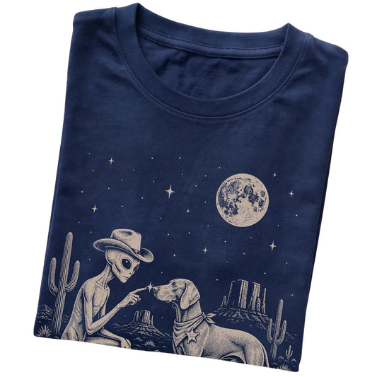 Navy T-shirt featuring Weimaraner Cowboy and Alien, folded presentation