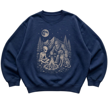 Navy Weimaraner Camping with Bigfoot and Alien shirt laid flat
