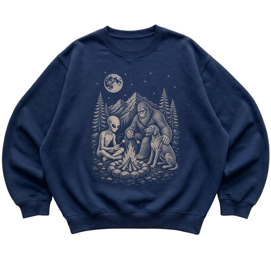 Navy Weimaraner Camping with Bigfoot and Alien shirt laid flat
