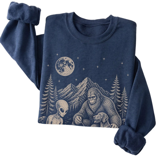 Navy Weimaraner Camping with Bigfoot and Alien folded detail view