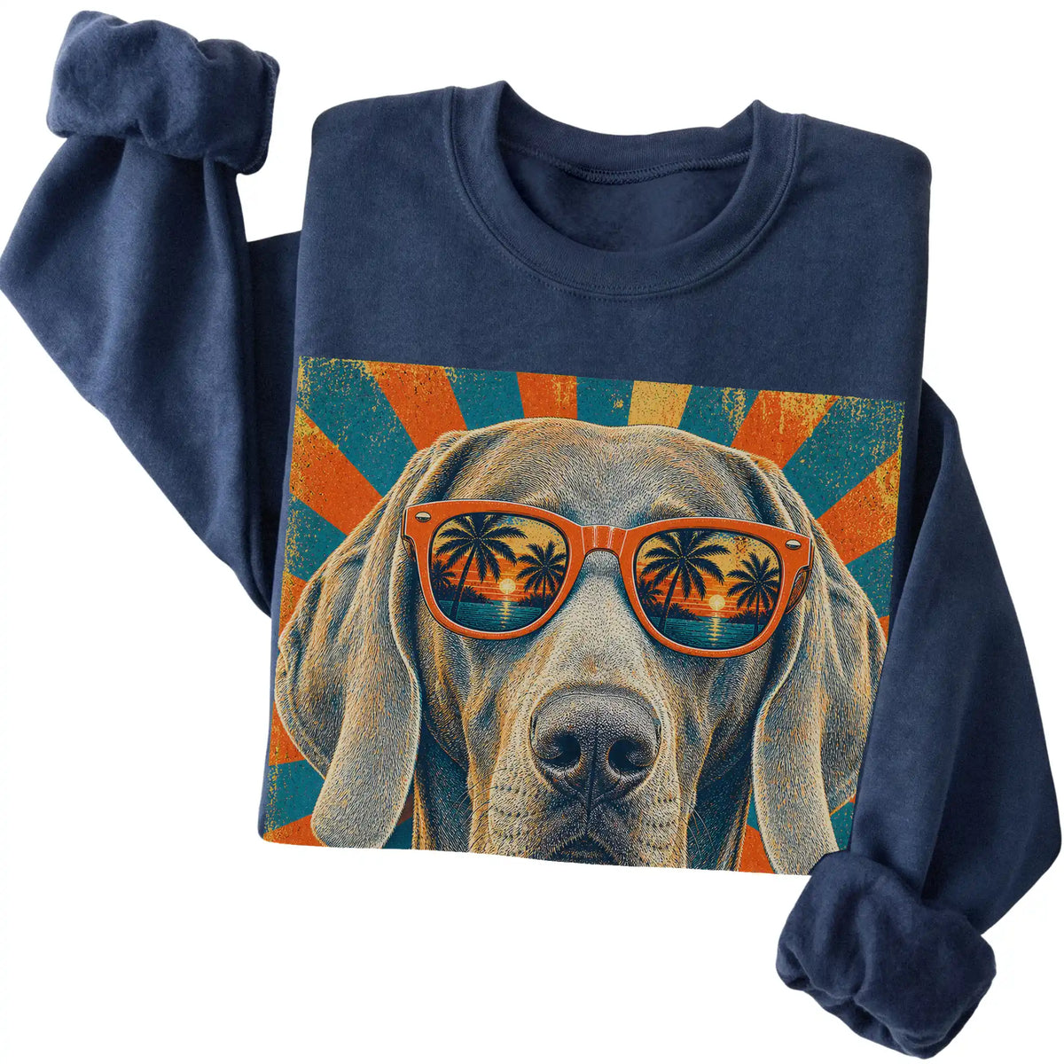 Folded Navy crewneck sweatshirt with a Retro Weimaraner Dad design
