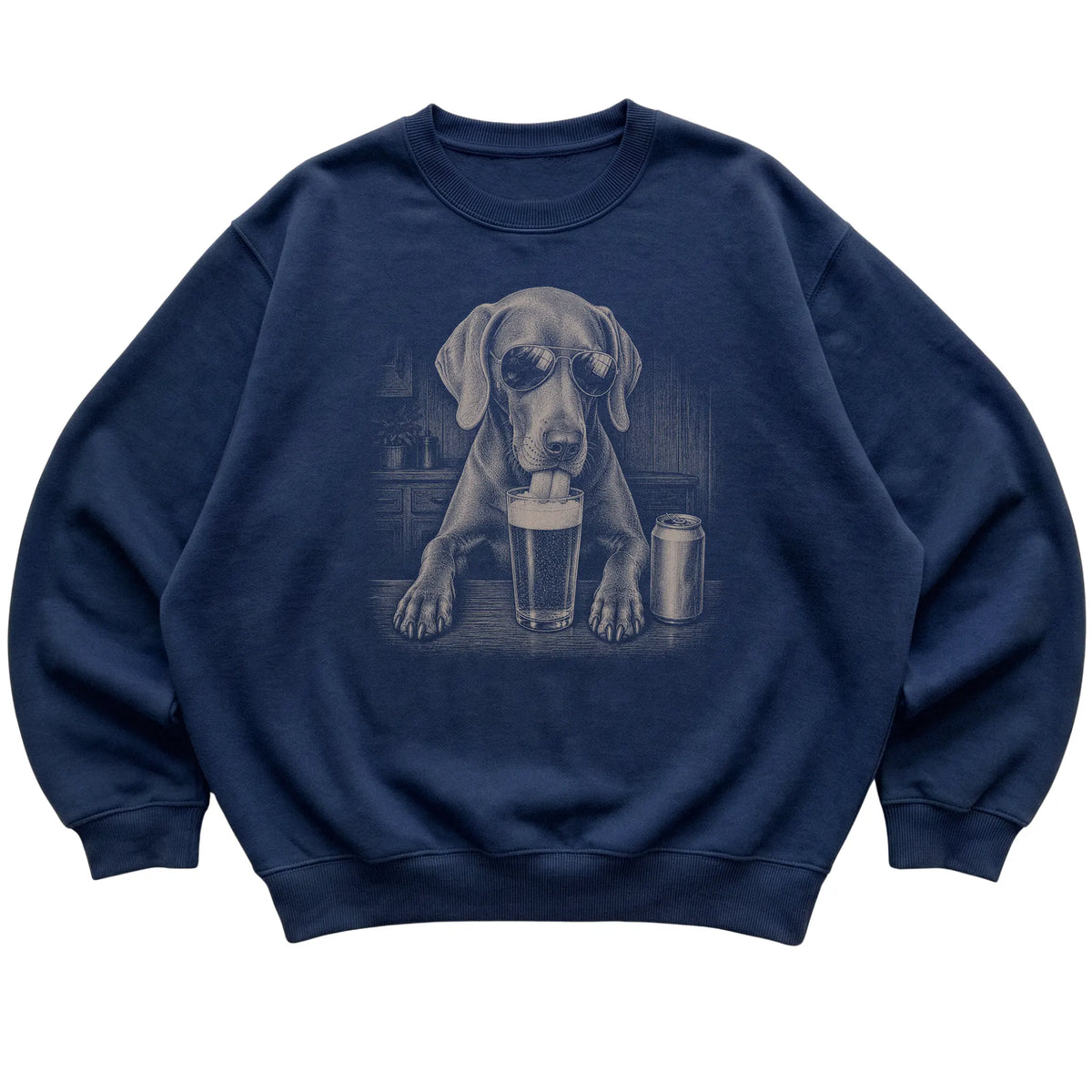 Navy Weimaraner drinking from a pint at a bar, laid flat