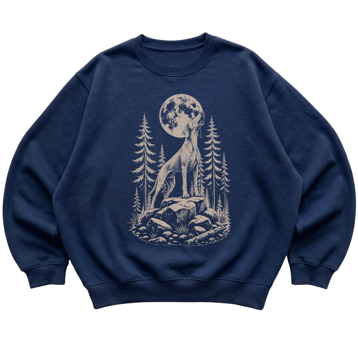 Close view of Weimaraner Howling at the Moon artwork on Navy crewneck sweatshirt