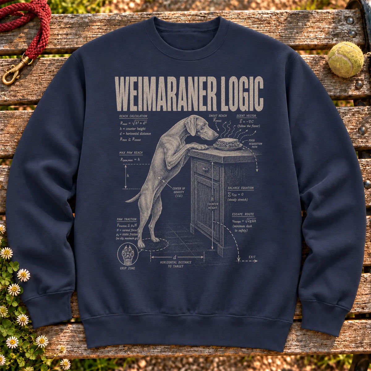 Weimaraner Logic on a Navy crewneck sweatshirt, shown flat