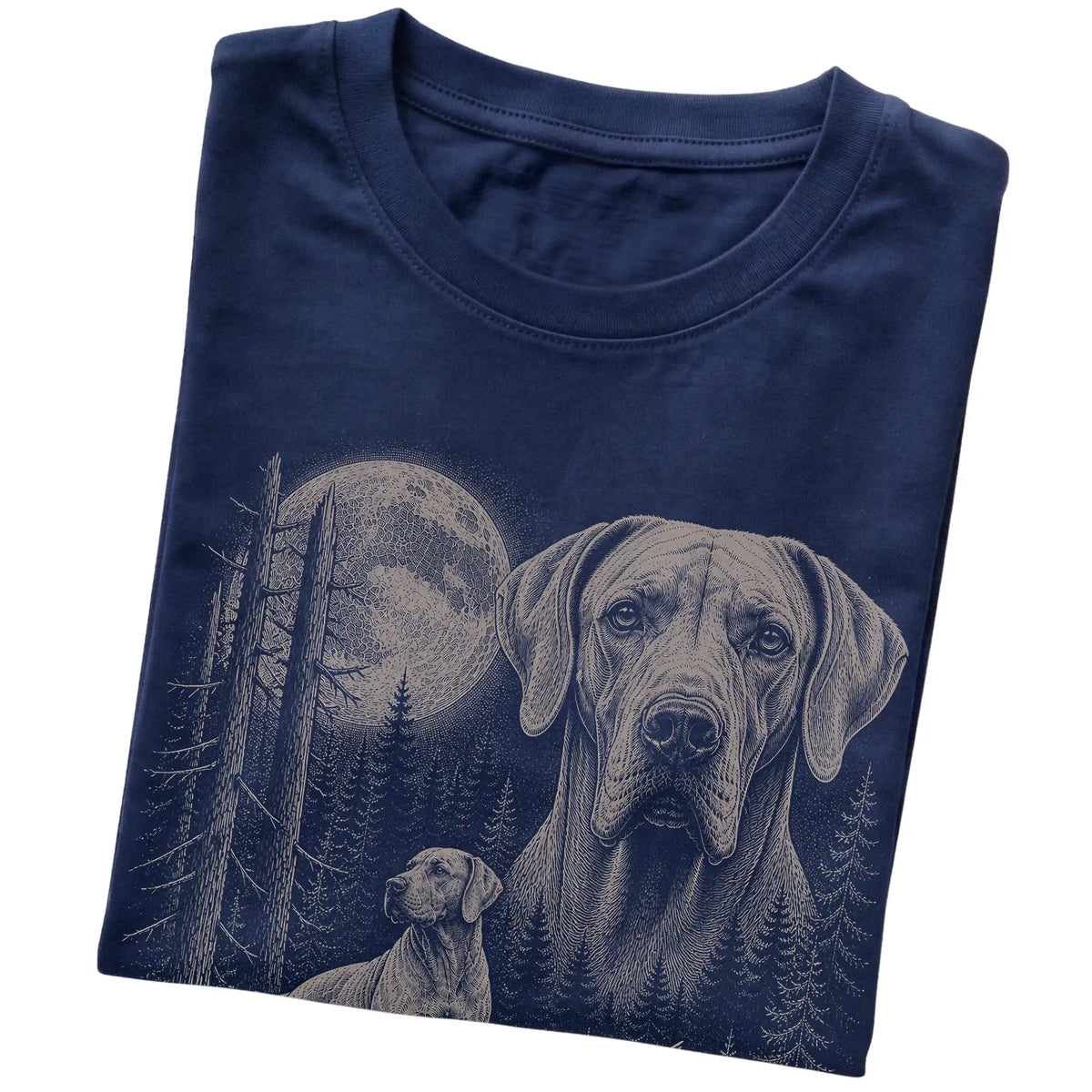 Folded navy Softstyle T-shirt showing the Weimaraner Moonlit Forest graphic