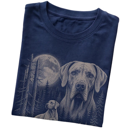 Folded navy Softstyle T-shirt showing the Weimaraner Moonlit Forest graphic