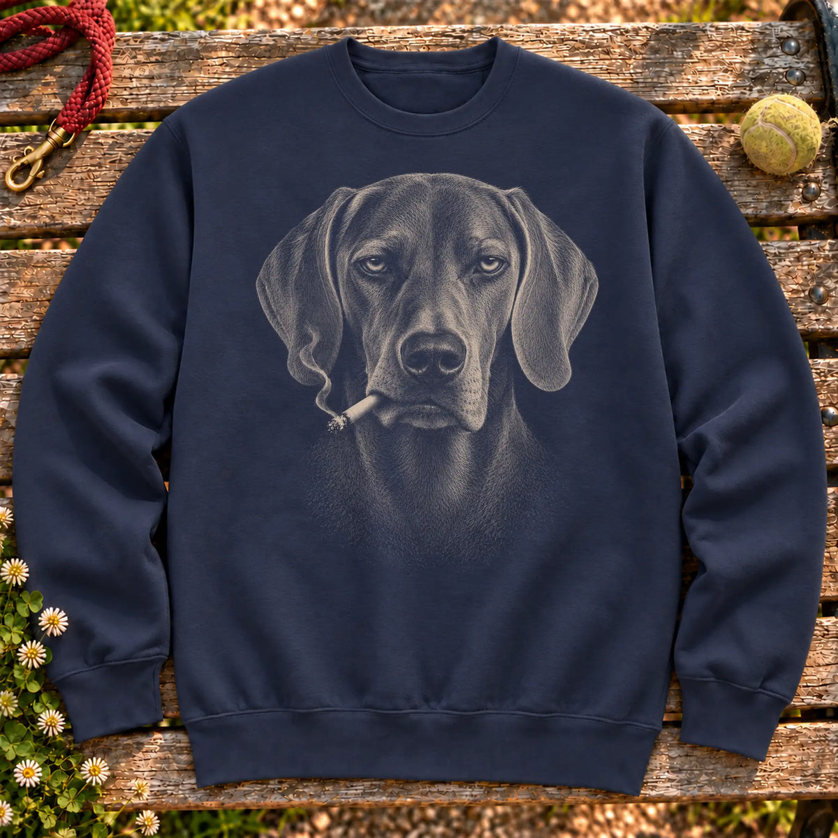 Weimaraner smoking design on a Navy sweatshirt