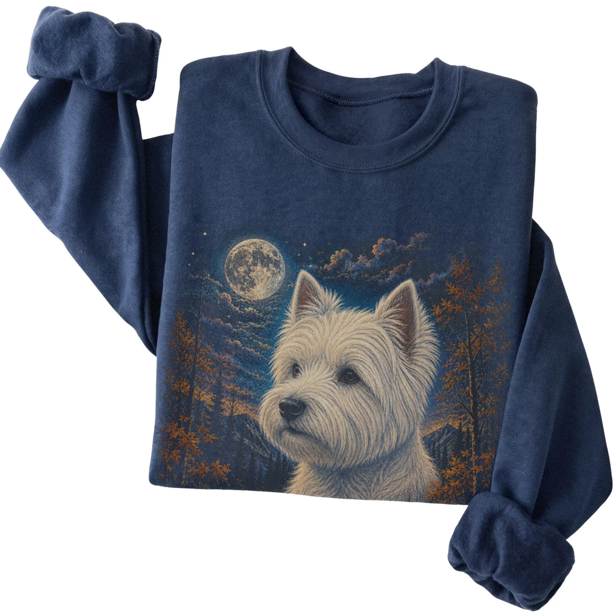 Folded navy sweatshirt with Westie Autumn Moon artwork.