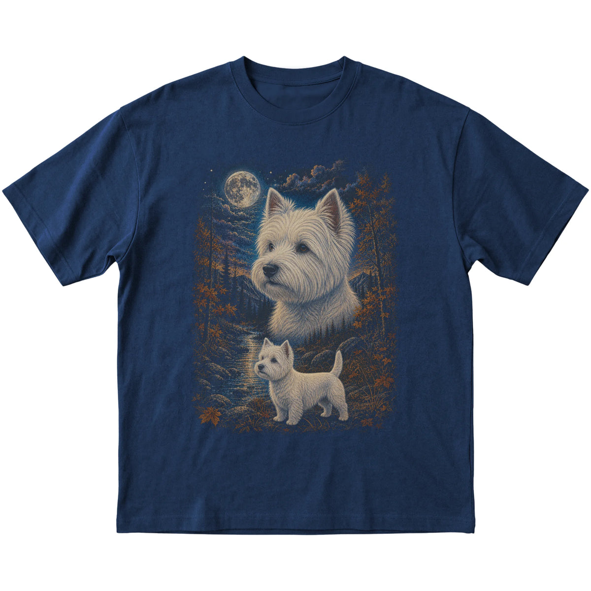 navy T-shirt with Westie Autumn Moon artwork.