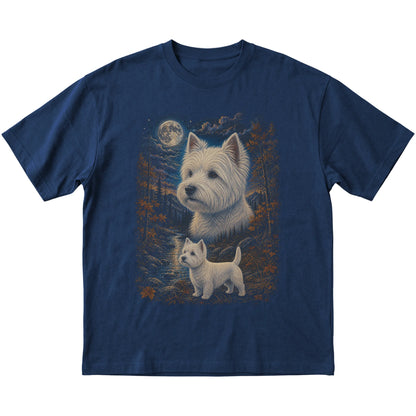 navy T-shirt with Westie Autumn Moon artwork.