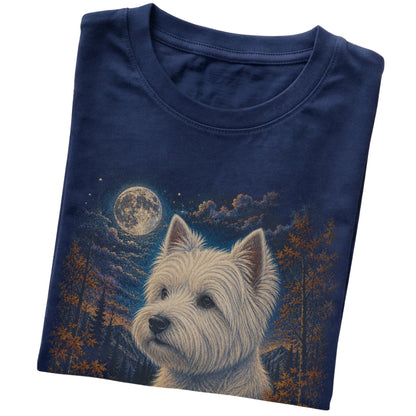 Folded navy T-shirt with Westie Autumn Moon artwork.