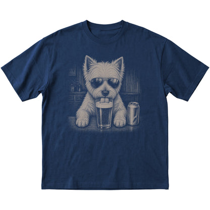 Navy Westie drinking from a pint at a bar, laid flat