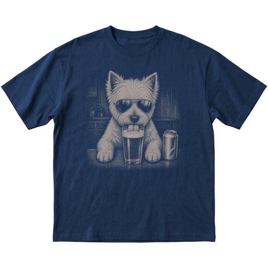 Navy Westie drinking from a pint at a bar, laid flat