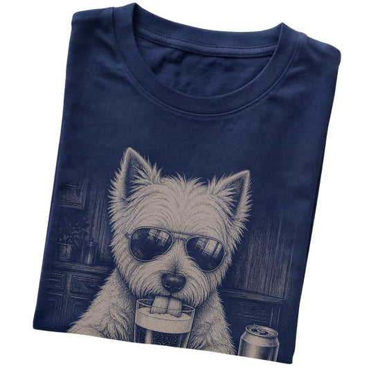 Navy Westie drinking from a pint at a bar, folded detail view