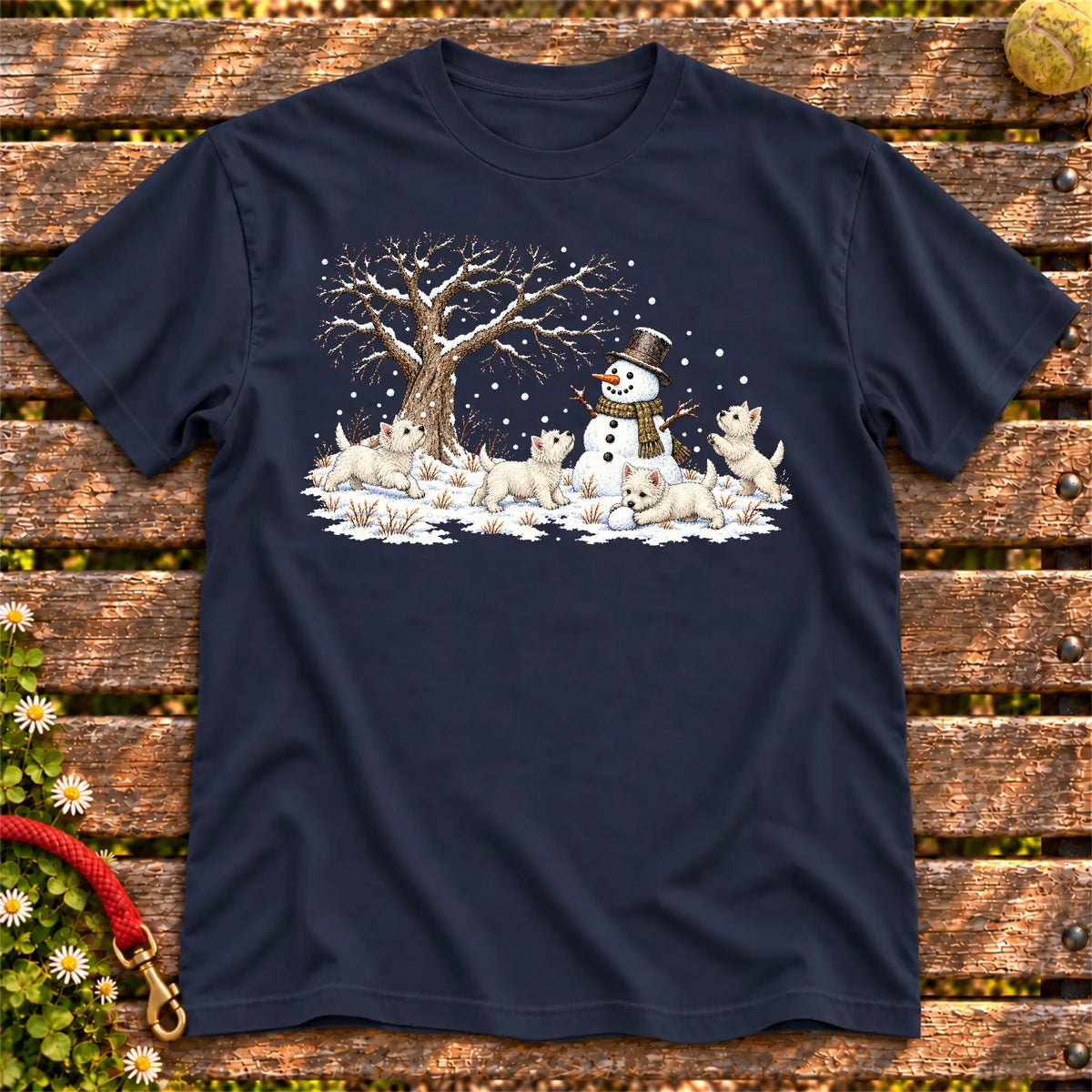 Westie puppies playing in snow with a snowman on a Navy T-shirt