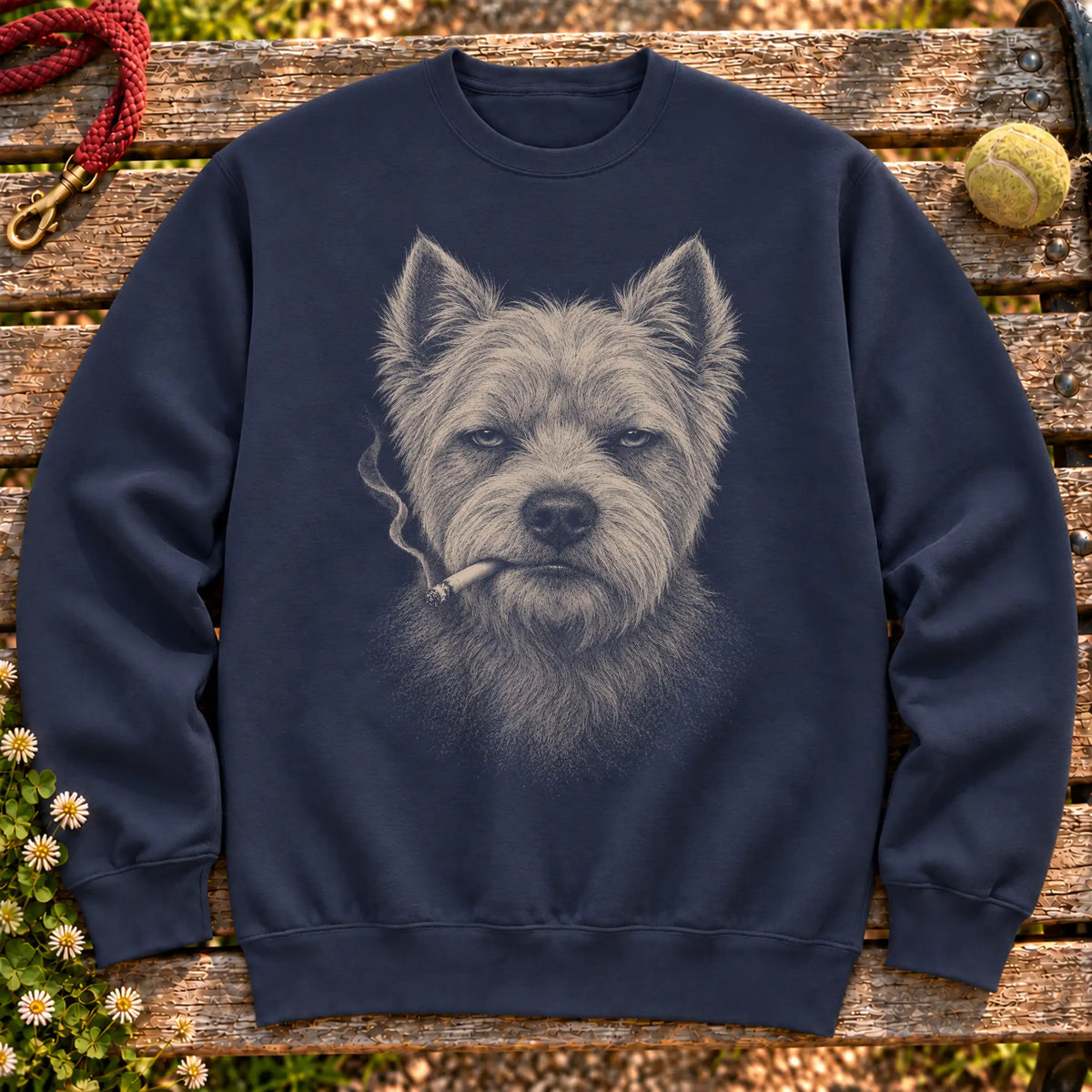 Westie smoking design on a Navy sweatshirt