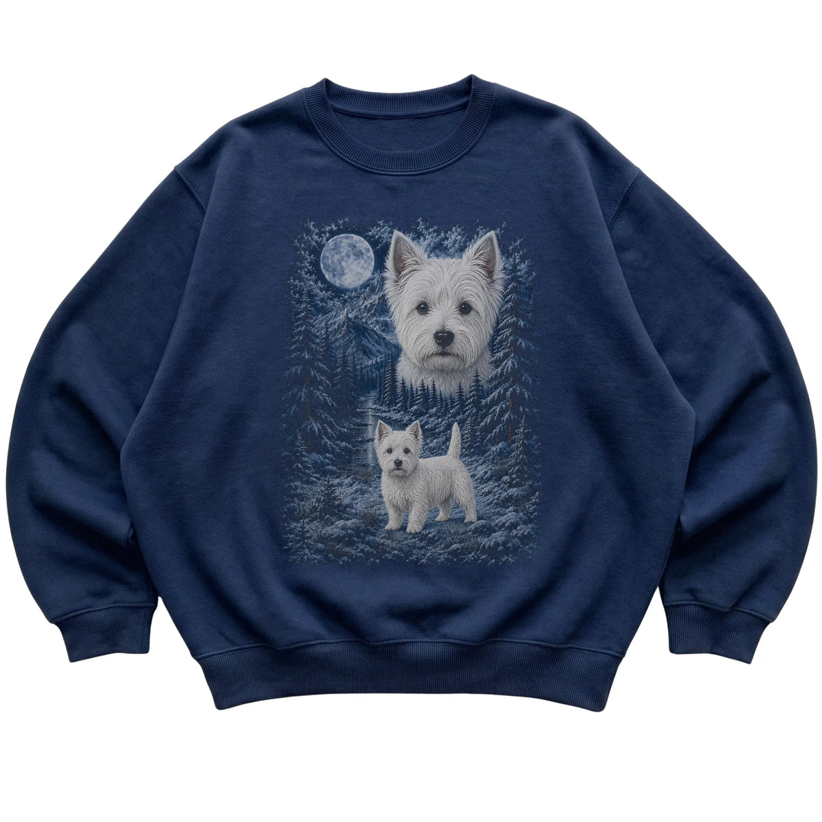 navy sweatshirt with Westie Winter Moon artwork.