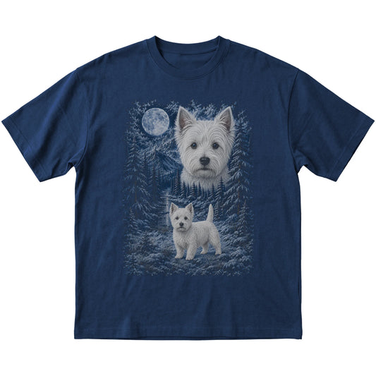 navy T-shirt with Westie Winter Moon artwork.