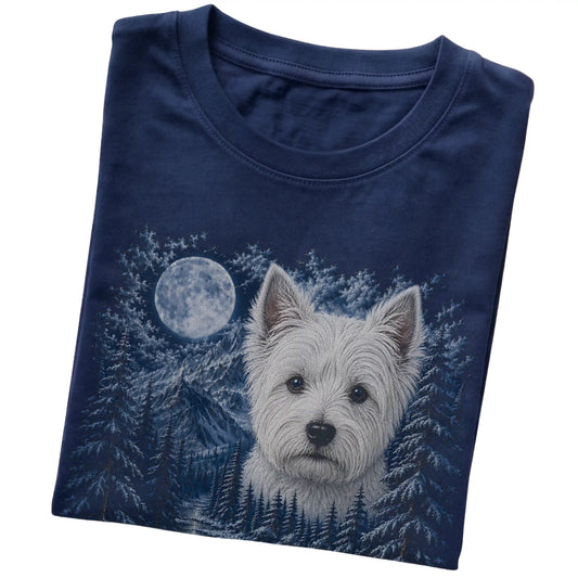 Folded navy T-shirt with Westie Winter Moon artwork.