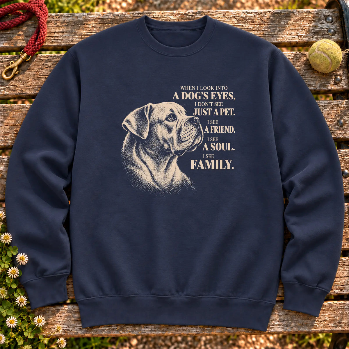 Navy Gildan® crewneck sweatshirt featuring the American Bulldog More Than a Pet design.