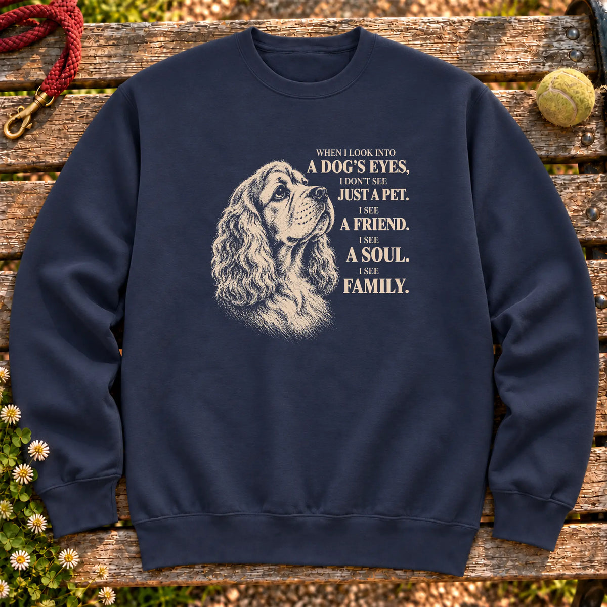 Navy Gildan® crewneck sweatshirt featuring the Cocker Spaniel More Than a Pet design.